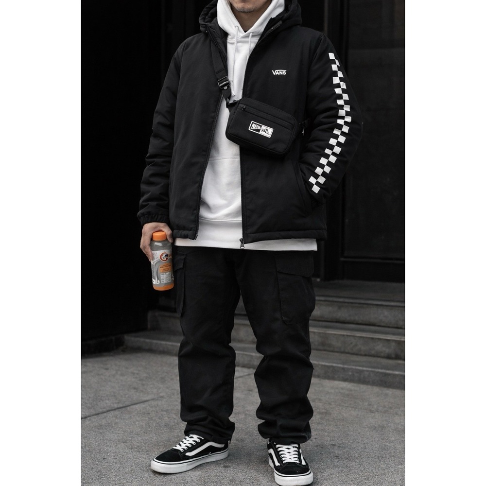 Vans Black Checkerboard Sleeve Puffer Jacket Hooded Zip Up Size Small